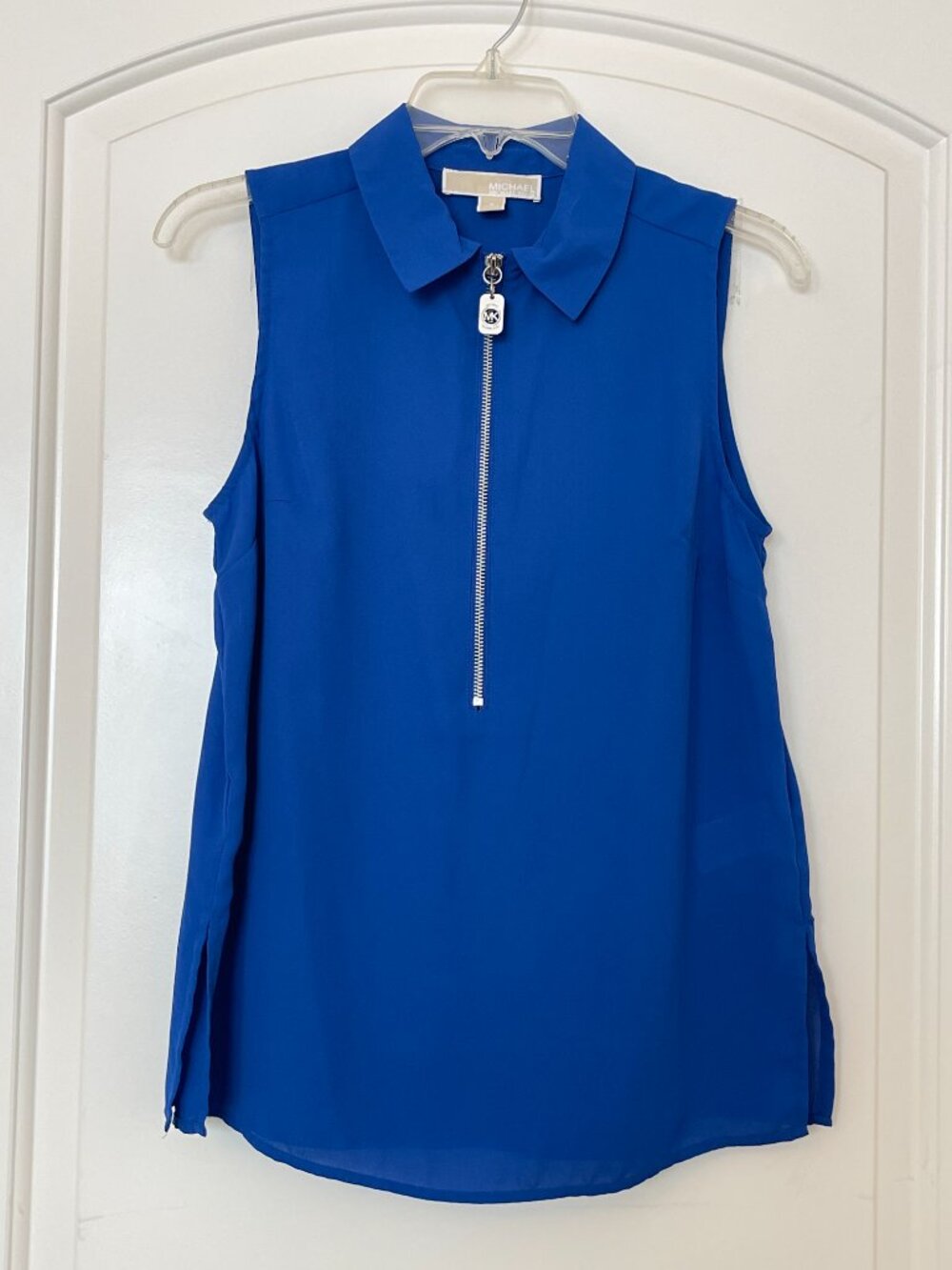 Michael Kors Sleeveless Zip Blouse Royal Blue Silver MK Zipper Small
